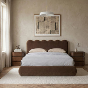 Meridian Furniture Tempo Sculptural Full Bed Plush Velvet Upholstery Curved Headboard Contrast Piping Detail Brown TempoBrown-F