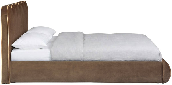 Meridian Furniture Tempo Sculptural Full Bed Plush Velvet Upholstery Curved Headboard Contrast Piping Detail Brown TempoBrown-F
