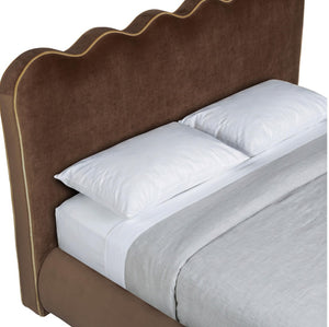 Meridian Furniture Tempo Sculptural Full Bed Plush Velvet Upholstery Curved Headboard Contrast Piping Detail Brown TempoBrown-F