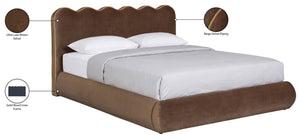 Meridian Furniture Tempo Sculptural Curved King Bed in Plush Velvet with Contrast Piping and Tall Headboard Brown TempoBrown-K