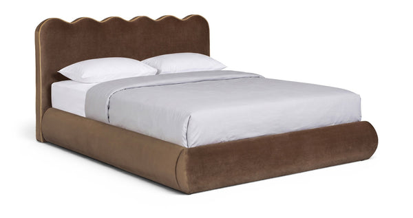 Meridian Furniture Tempo Sculptural Curved King Bed in Plush Velvet with Contrast Piping and Tall Headboard Brown TempoBrown-K