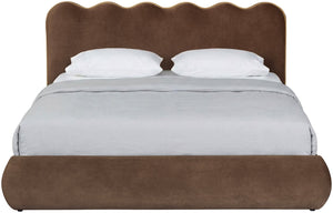 Meridian Furniture Tempo Sculptural Curved King Bed in Plush Velvet with Contrast Piping and Tall Headboard Brown TempoBrown-K