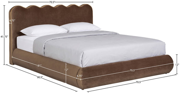 Meridian Furniture Tempo Queen Velvet Upholstered Bed Sculptural Headboard with Contrast Piping Glam Bedroom Brown TempoBrown-Q