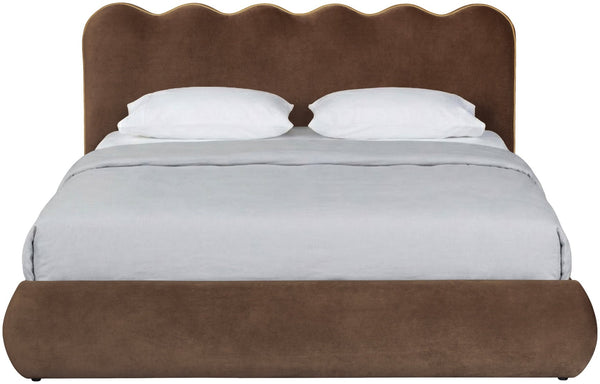 Meridian Furniture Tempo Queen Velvet Upholstered Bed Sculptural Headboard with Contrast Piping Glam Bedroom Brown TempoBrown-Q