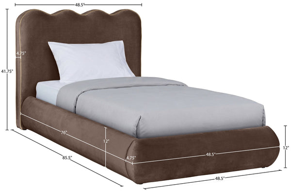 Meridian Furniture Tempo Velvet Twin Upholstered Bed with Sculptural Curved Headboard and Contrast Piping Detail Brown TempoBrown-T
