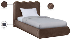Meridian Furniture Tempo Velvet Twin Upholstered Bed with Sculptural Curved Headboard and Contrast Piping Detail Brown TempoBrown-T