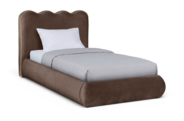 Meridian Furniture Tempo Velvet Twin Upholstered Bed with Sculptural Curved Headboard and Contrast Piping Detail Brown TempoBrown-T