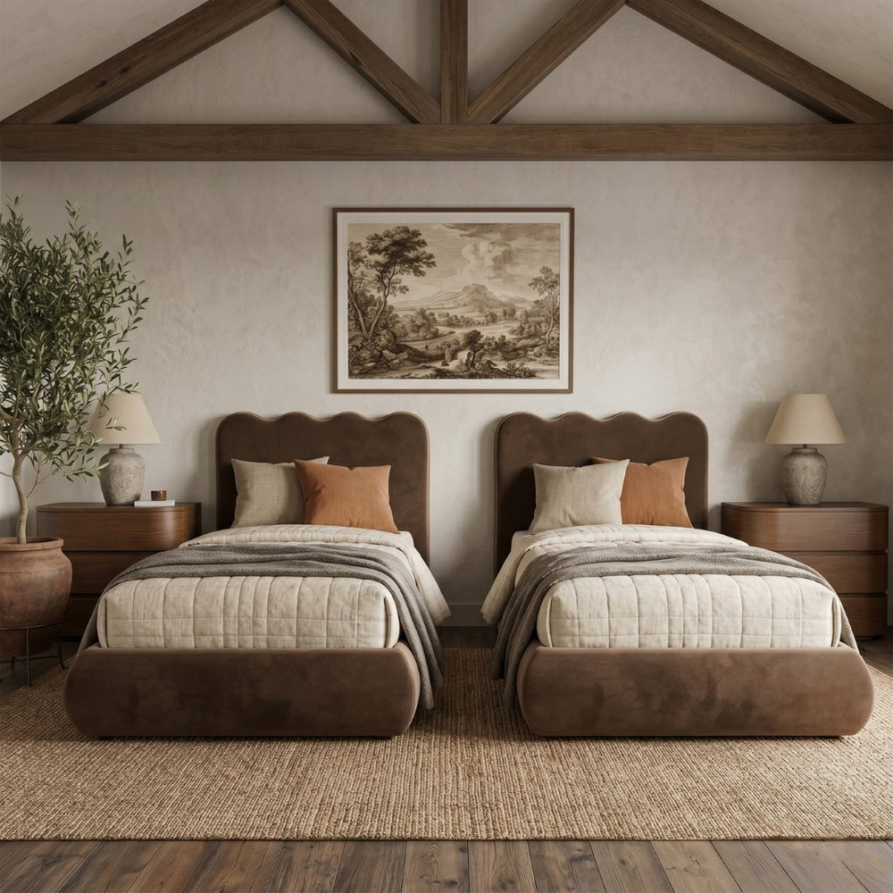 Meridian Furniture Tempo Velvet Twin Upholstered Bed with Sculptural Curved Headboard and Contrast Piping Detail Brown TempoBrown-T