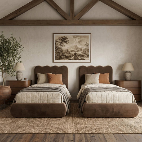 Meridian Furniture Tempo Velvet Twin Upholstered Bed with Sculptural Curved Headboard and Contrast Piping Detail Brown TempoBrown-T
