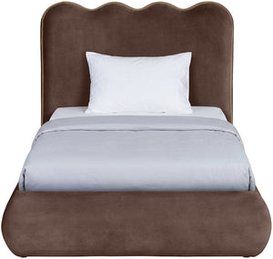 Meridian Furniture Tempo Velvet Twin Upholstered Bed with Sculptural Curved Headboard and Contrast Piping Detail Brown TempoBrown-T