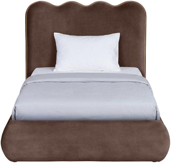 Meridian Furniture Tempo Velvet Twin Upholstered Bed with Sculptural Curved Headboard and Contrast Piping Detail Brown TempoBrown-T