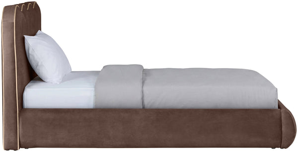 Meridian Furniture Tempo Velvet Twin Upholstered Bed with Sculptural Curved Headboard and Contrast Piping Detail Brown TempoBrown-T