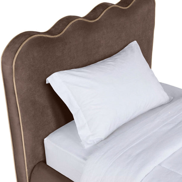 Meridian Furniture Tempo Velvet Twin Upholstered Bed with Sculptural Curved Headboard and Contrast Piping Detail Brown TempoBrown-T