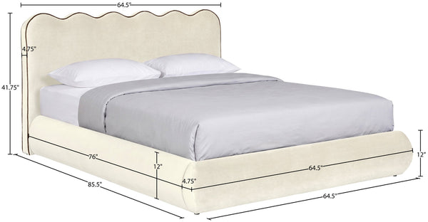 Meridian Furniture Tempo Sculptural Full Bed Plush Velvet Upholstery Curved Headboard Contrast Piping Detail Cream TempoCream-F
