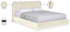 Meridian Furniture Tempo Sculptural Full Bed Plush Velvet Upholstery Curved Headboard Contrast Piping Detail Cream TempoCream-F