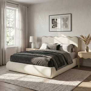 Meridian Furniture Tempo Sculptural Full Bed Plush Velvet Upholstery Curved Headboard Contrast Piping Detail Cream TempoCream-F