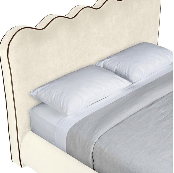 Meridian Furniture Tempo Sculptural Full Bed Plush Velvet Upholstery Curved Headboard Contrast Piping Detail Cream TempoCream-F