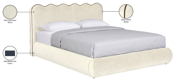 Meridian Furniture Tempo Sculptural Curved King Bed in Plush Velvet with Contrast Piping and Tall Headboard Cream TempoCream-K
