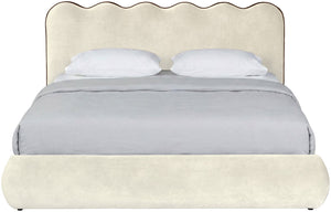 Meridian Furniture Tempo Sculptural Curved King Bed in Plush Velvet with Contrast Piping and Tall Headboard Cream TempoCream-K