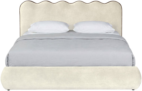Meridian Furniture Tempo Queen Velvet Upholstered Bed Sculptural Headboard with Contrast Piping Glam Bedroom Cream TempoCream-Q