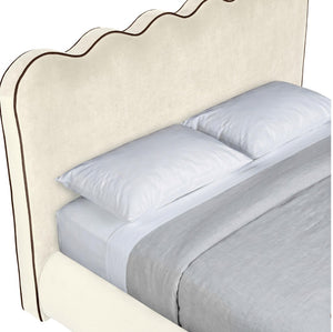 Meridian Furniture Tempo Queen Velvet Upholstered Bed Sculptural Headboard with Contrast Piping Glam Bedroom Cream TempoCream-Q