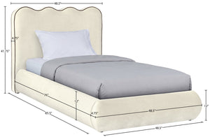 Meridian Furniture Tempo Velvet Twin Upholstered Bed with Sculptural Curved Headboard and Contrast Piping Detail Cream TempoCream-T