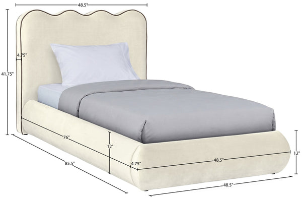 Meridian Furniture Tempo Velvet Twin Upholstered Bed with Sculptural Curved Headboard and Contrast Piping Detail Cream TempoCream-T