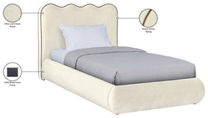 Meridian Furniture Tempo Velvet Twin Upholstered Bed with Sculptural Curved Headboard and Contrast Piping Detail Cream TempoCream-T