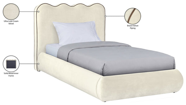 Meridian Furniture Tempo Velvet Twin Upholstered Bed with Sculptural Curved Headboard and Contrast Piping Detail Cream TempoCream-T