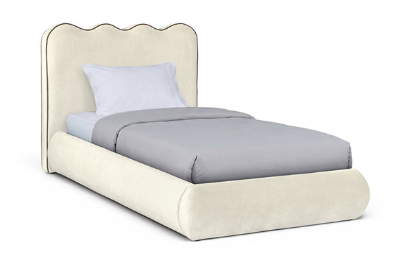 Meridian Furniture Tempo Velvet Twin Upholstered Bed with Sculptural Curved Headboard and Contrast Piping Detail Cream TempoCream-T