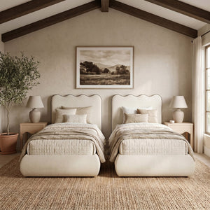 Meridian Furniture Tempo Velvet Twin Upholstered Bed with Sculptural Curved Headboard and Contrast Piping Detail Cream TempoCream-T