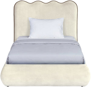 Meridian Furniture Tempo Velvet Twin Upholstered Bed with Sculptural Curved Headboard and Contrast Piping Detail Cream TempoCream-T