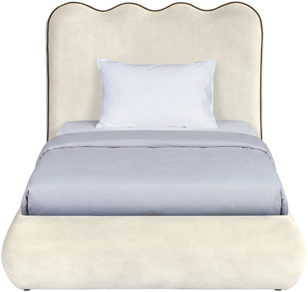 Meridian Furniture Tempo Velvet Twin Upholstered Bed with Sculptural Curved Headboard and Contrast Piping Detail Cream TempoCream-T