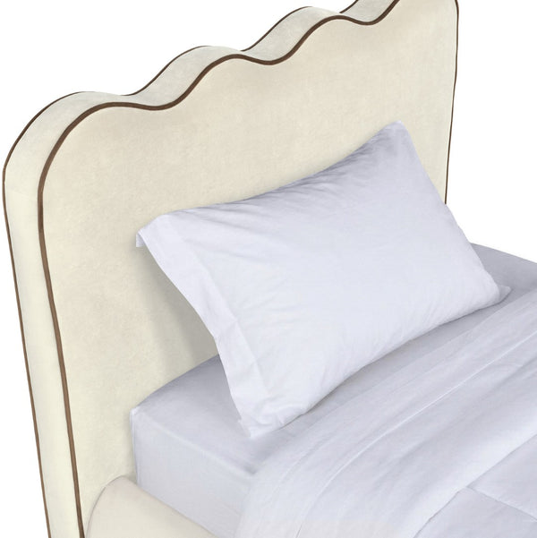 Meridian Furniture Tempo Velvet Twin Upholstered Bed with Sculptural Curved Headboard and Contrast Piping Detail Cream TempoCream-T