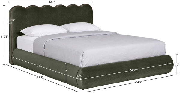 Meridian Furniture Tempo Sculptural Full Bed Plush Velvet Upholstery Curved Headboard Contrast Piping Detail Green TempoGreen-F