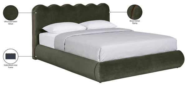 Meridian Furniture Tempo Sculptural Full Bed Plush Velvet Upholstery Curved Headboard Contrast Piping Detail Green TempoGreen-F