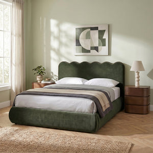 Meridian Furniture Tempo Sculptural Full Bed Plush Velvet Upholstery Curved Headboard Contrast Piping Detail Green TempoGreen-F