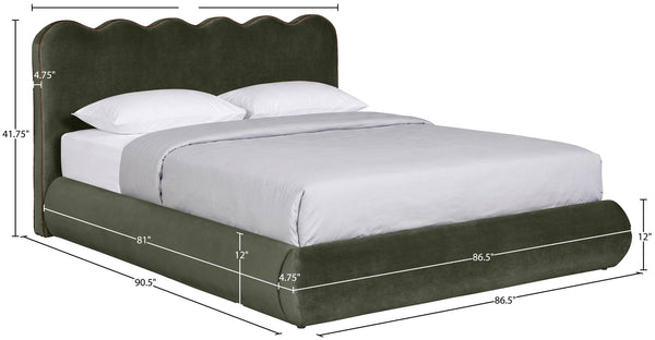 Meridian Furniture Tempo Sculptural Curved King Bed in Plush Velvet with Contrast Piping and Tall Headboard Green TempoGreen-K