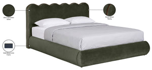 Meridian Furniture Tempo Sculptural Curved King Bed in Plush Velvet with Contrast Piping and Tall Headboard Green TempoGreen-K