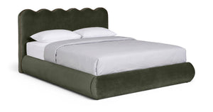 Meridian Furniture Tempo Sculptural Curved King Bed in Plush Velvet with Contrast Piping and Tall Headboard Green TempoGreen-K