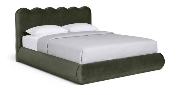 Meridian Furniture Tempo Sculptural Curved King Bed in Plush Velvet with Contrast Piping and Tall Headboard Green TempoGreen-K