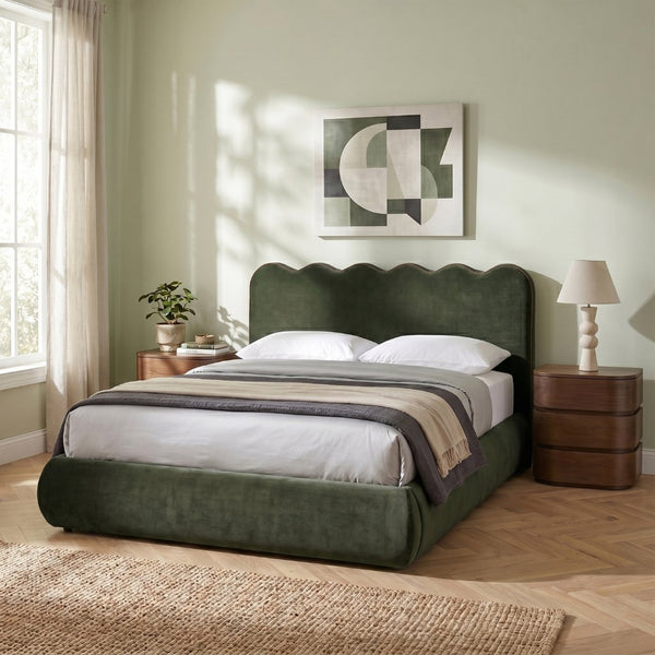 Meridian Furniture Tempo Sculptural Curved King Bed in Plush Velvet with Contrast Piping and Tall Headboard Green TempoGreen-K