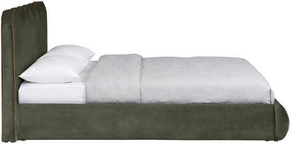 Meridian Furniture Tempo Queen Velvet Upholstered Bed Sculptural Headboard with Contrast Piping Glam Bedroom Green TempoGreen-Q