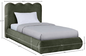 Meridian Furniture Tempo Velvet Twin Upholstered Bed with Sculptural Curved Headboard and Contrast Piping Detail Green TempoGreen-T