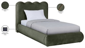 Meridian Furniture Tempo Velvet Twin Upholstered Bed with Sculptural Curved Headboard and Contrast Piping Detail Green TempoGreen-T