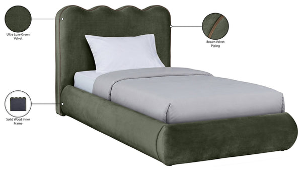 Meridian Furniture Tempo Velvet Twin Upholstered Bed with Sculptural Curved Headboard and Contrast Piping Detail Green TempoGreen-T