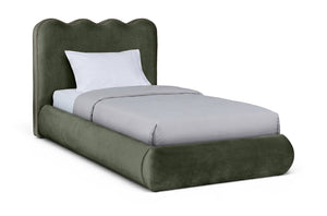 Meridian Furniture Tempo Velvet Twin Upholstered Bed with Sculptural Curved Headboard and Contrast Piping Detail Green TempoGreen-T