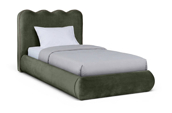 Meridian Furniture Tempo Velvet Twin Upholstered Bed with Sculptural Curved Headboard and Contrast Piping Detail Green TempoGreen-T