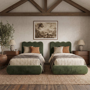 Meridian Furniture Tempo Velvet Twin Upholstered Bed with Sculptural Curved Headboard and Contrast Piping Detail Green TempoGreen-T