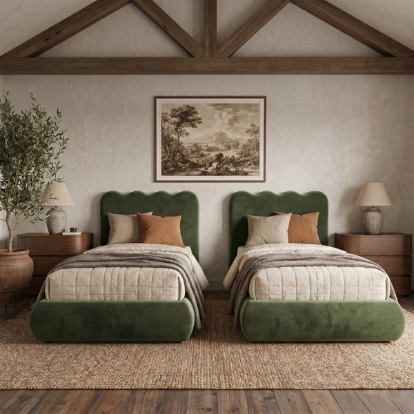 Meridian Furniture Tempo Velvet Twin Upholstered Bed with Sculptural Curved Headboard and Contrast Piping Detail Green TempoGreen-T